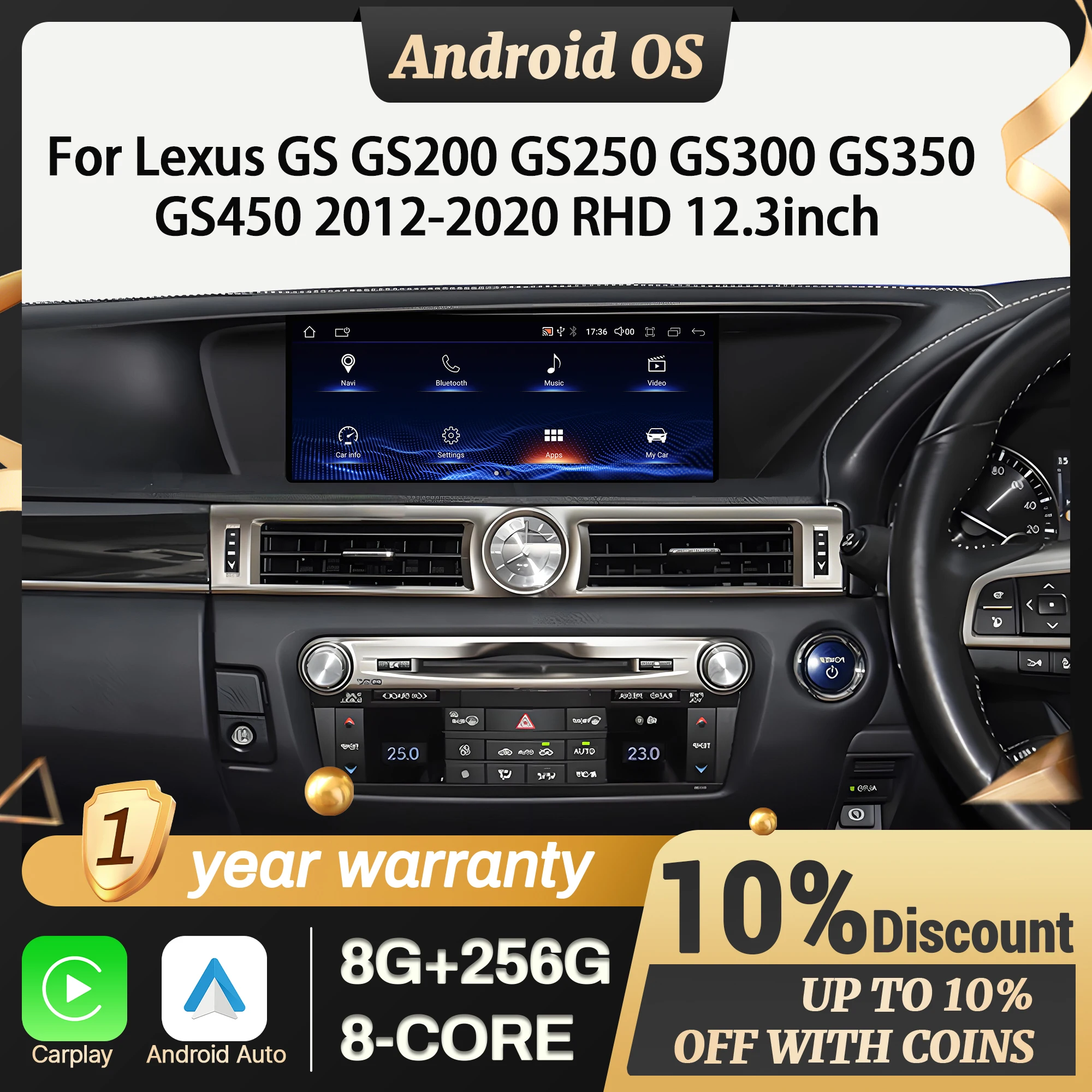 12.3 inch RHD For Lexus GS GS200 GS250 GS300 GS350 GS450 2012-2020 Car Radio Wireless CarPlay Multimedia Snapdragon 680 Screen