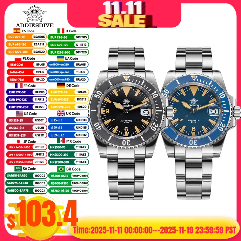 

Часы ADDIESDIVE для мужчин, нержавеющая сталь 316L, керамический безель, сапфировое стекло, 20 бар, дайвер, C3, светящиеся автоматические механические часы