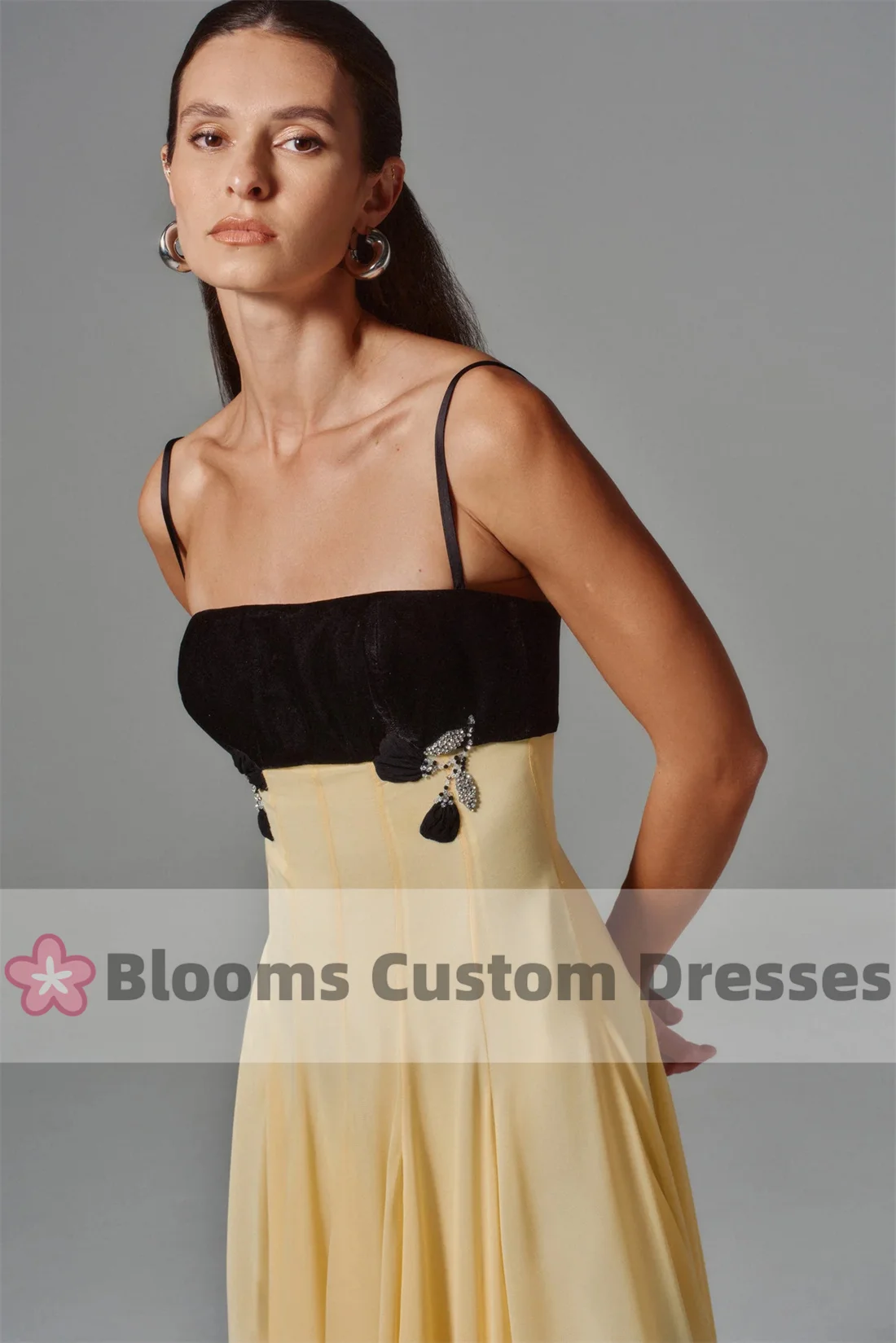 Blooms Customized Spaghetti Strap Floral Beads A-Line Prom Dresses Sleeveless Midi Dress Chiffon Party Gown Evening Dress