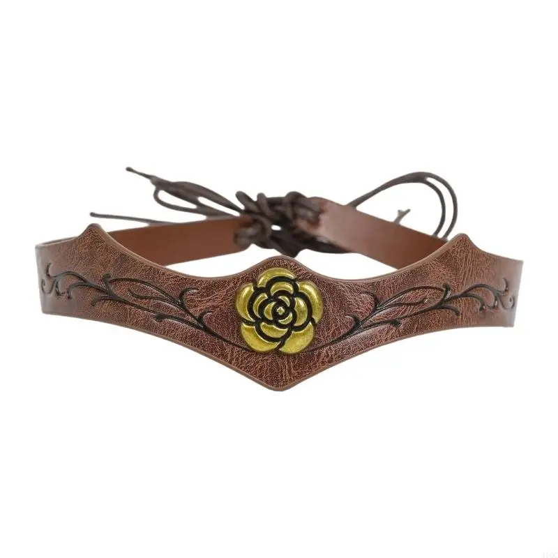 Party Styling Headpiece in Faux Leather, Medieval Costume Accessory with Tie Back Closure and Embossed Detail for Cosplay