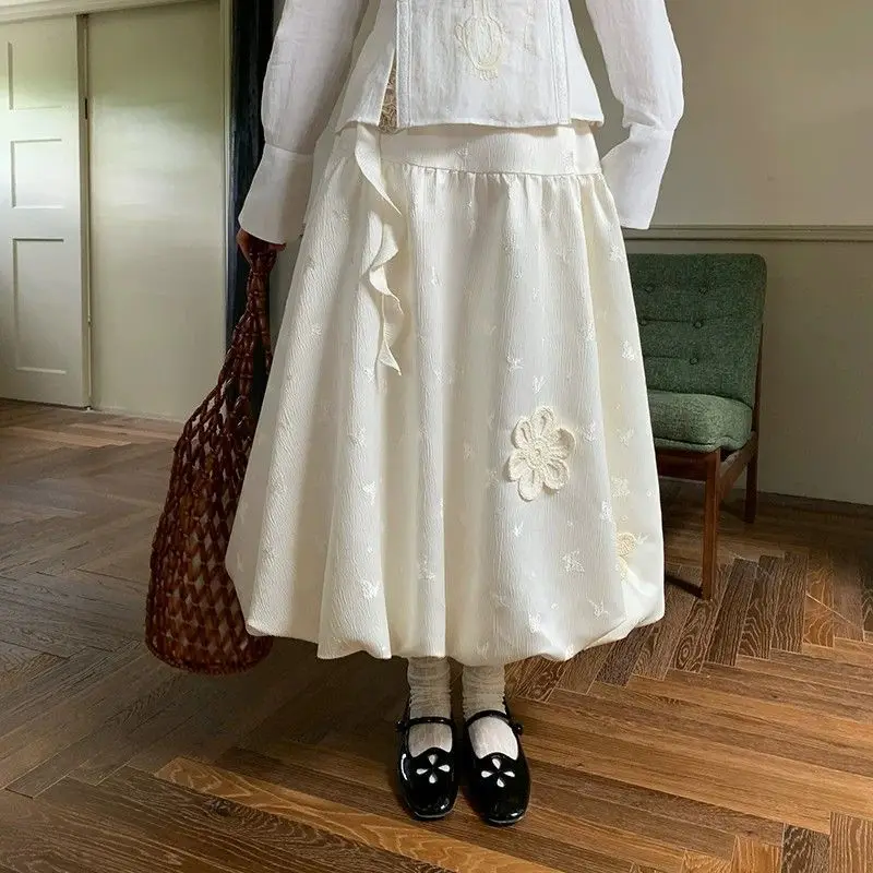 Vintage Kawaii Floral Ruffles A-Line Bubble Hem Maxi Skirt Autumn Korean Style Fashion Sweet Cute Apricot Long Skirts for Women