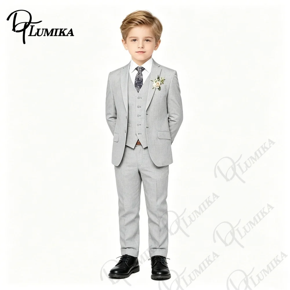 Kids Grey Linen Blend Suit 4PCS Floral Necktie 2026 Formal  Boys Blazer Vest Pants Set Premium Events Wedding Birthday 3-13Y