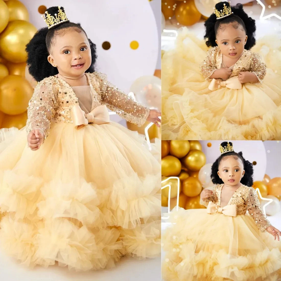 V-Neck Fower Girl Dresses With Bow For Wedding Sequins Puffy Layered Baby Kids Birthday Party Princess First Communion Gowns