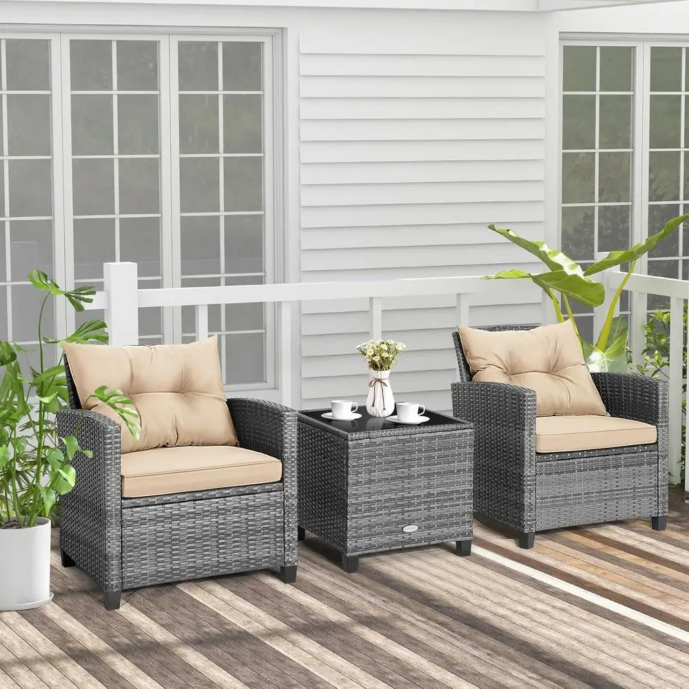 3PCS Patio urniture Set, PE Rattan Wicker Soa w/Washable Cushion and Coee Table, Tempered Glass Tabletop, Outdoor Contion Set or
