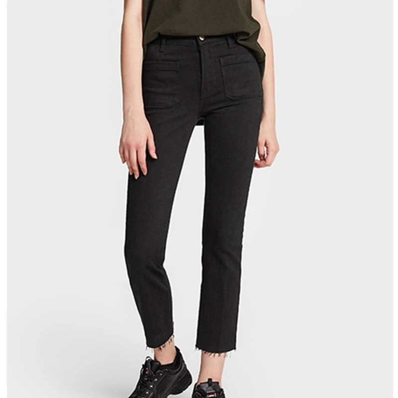 

Maxdutti French Minimalist Front Patch Bag Black High Waist Cropped Jeans Dispersed Edge Push Up Pencil Jeans For Woman Clothes