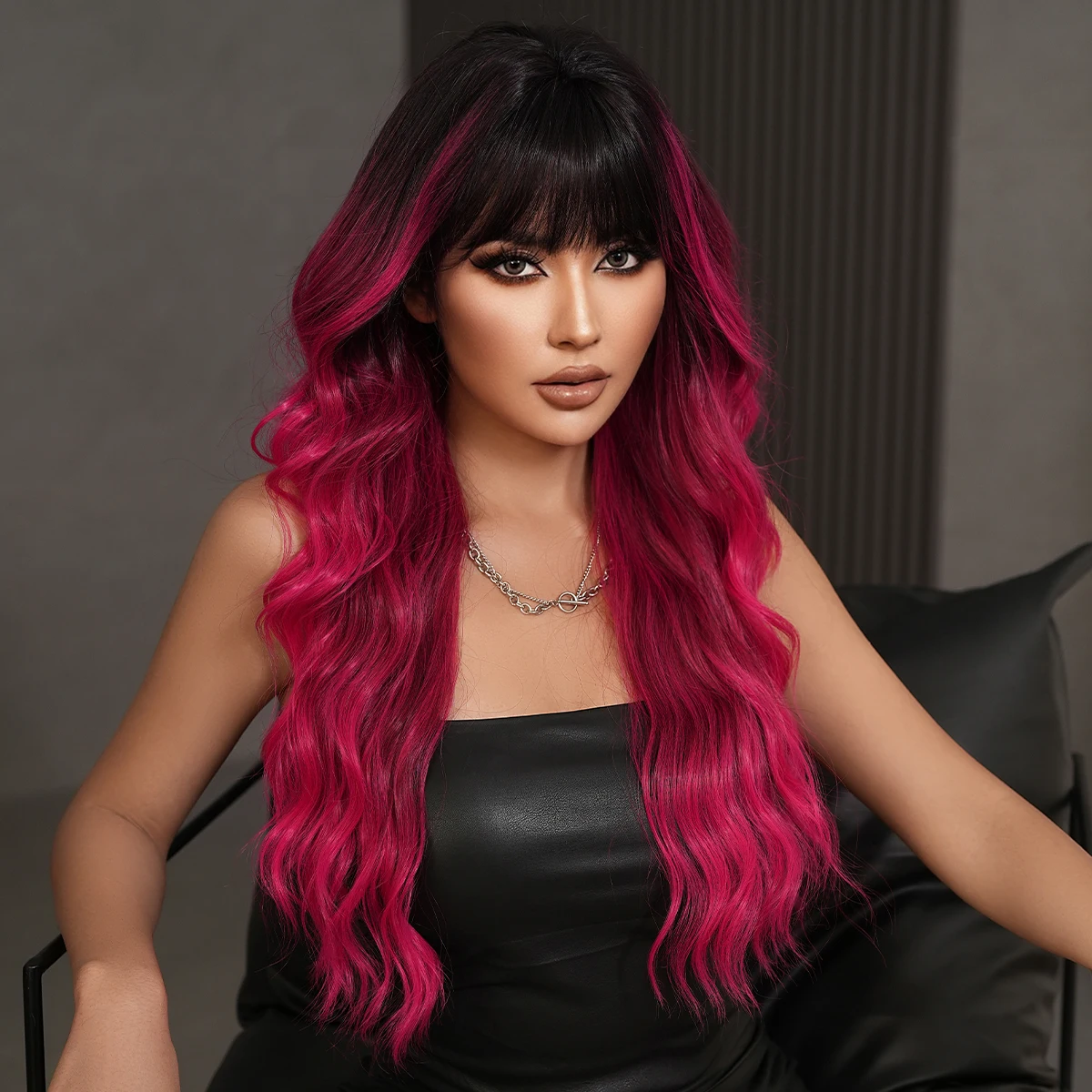 Long Body Wave Pink Purple Wig with Dark Roots High Density Synthetic Modest Fashion Wavy Wigs for Women Daily Beginner Friendly
