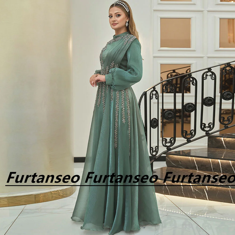 A-Line Organza Muslim Evening Dress Customized Dubai Women\'s Formal Prom Dresses Applique Zipper Long Sleeve Vestidos De Gala