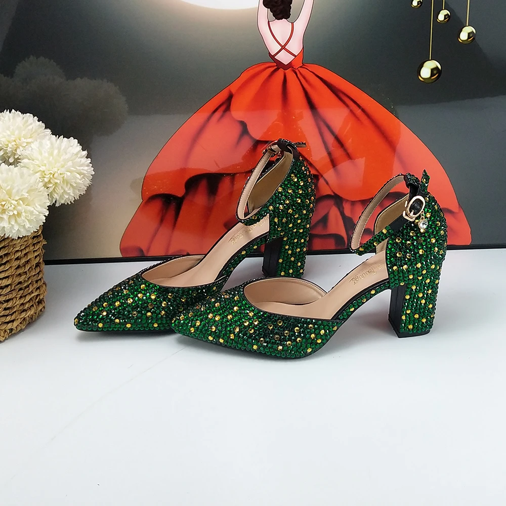 Green Crystal Bridal Wedding shoes and bag Woman Thin Heel High Pumps Party Evening shoes Shallow Ankle Strap Buckle shoe