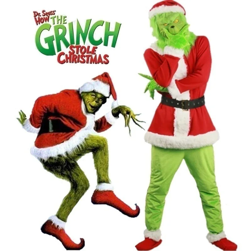 Santa Cosplay Costume Grinch Green Hairy Monster Party Dress Christmas Tops Pants Hat Gloves Shoes Cover Mask Family Outfit