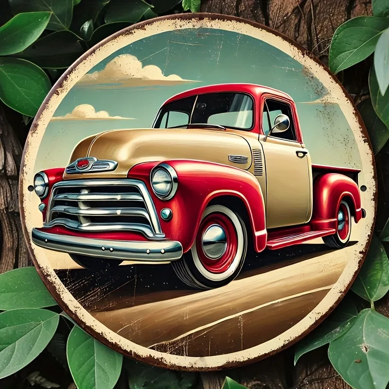 2D Flat, 1pc8 X 8inch (20 X 20cm)2D Flat Sign/Classic Pickup Truck Tin Sign- Round Aluminum Wall Art, Durable, Windproof & Water