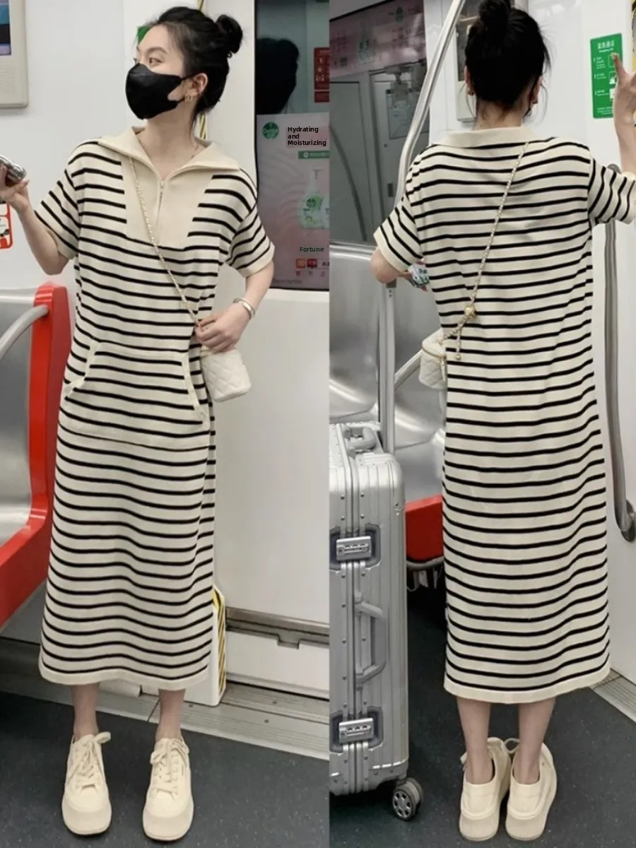 Décontracté Ne rayure ort Sve Dr femmes été Hong Kong Sle ample paresseux Tube droit T-shirt jupe longue Dr