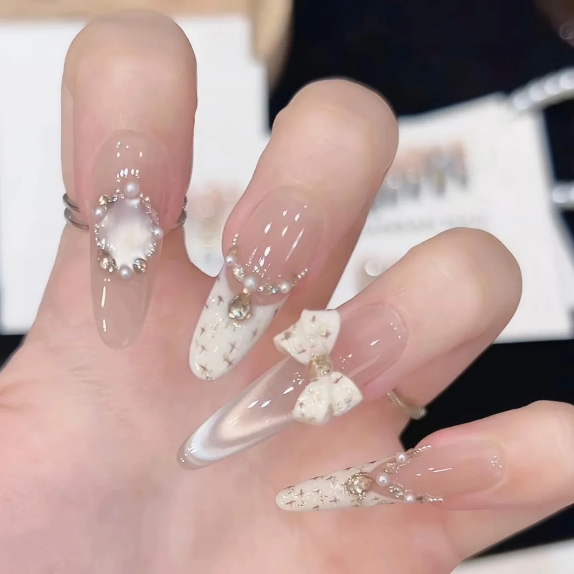 10 pçs artesanal imprensa em unhas médio oval arco de gato francês cobertura completa dicas de unhas para mulher & menina destacável wearable unhas falsas