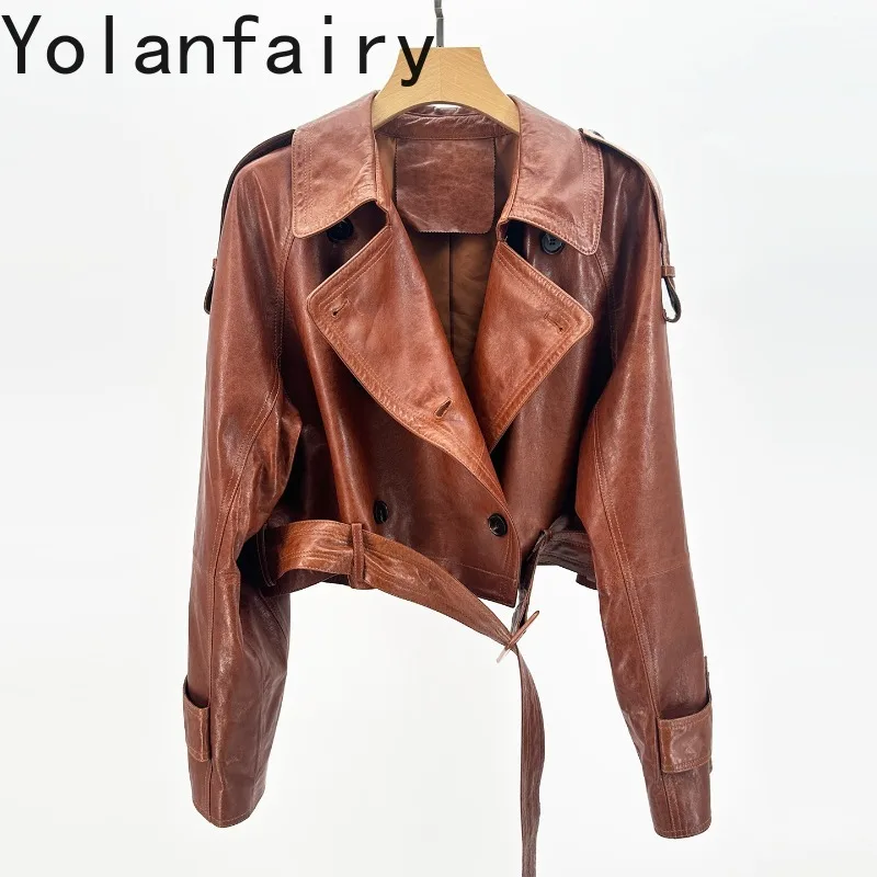 YOLANFAIRY High-end 100% Genuine Leather Jacket Women Vintage Oil-waxed Sheepskin Real Leather Coat Woman Short jaqueta de couro
