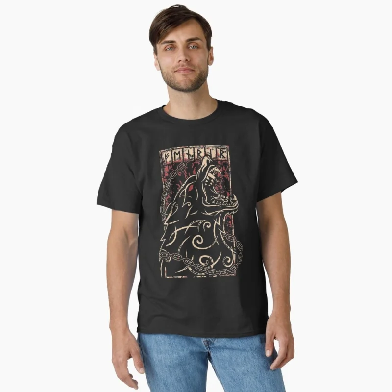 

0415 Fenrir Viking Wolf Odin Gift T-Shirt Viking Runes Norse Myths printed Graphic clothes 100% cotton Tee All size tops