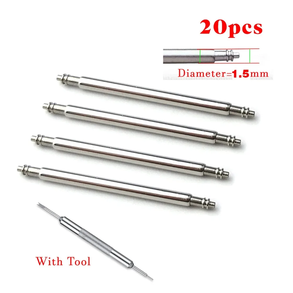 20 шт., штифты для ремешка для часов, диаметр 1,5 мм, полностью из нержавеющей стали, пружинные стержни для часов 16/17/18/19/20/21/22/23/24/25/26 мм, комплект для ремонта часов