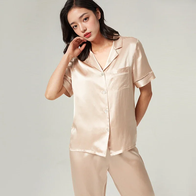 

19 Mommy Luxury Silk Pajamas Private Label 100% Mulberry Silk Women's Short Pajama Sleepwear Summer Short-sleeved Suit Homewear
