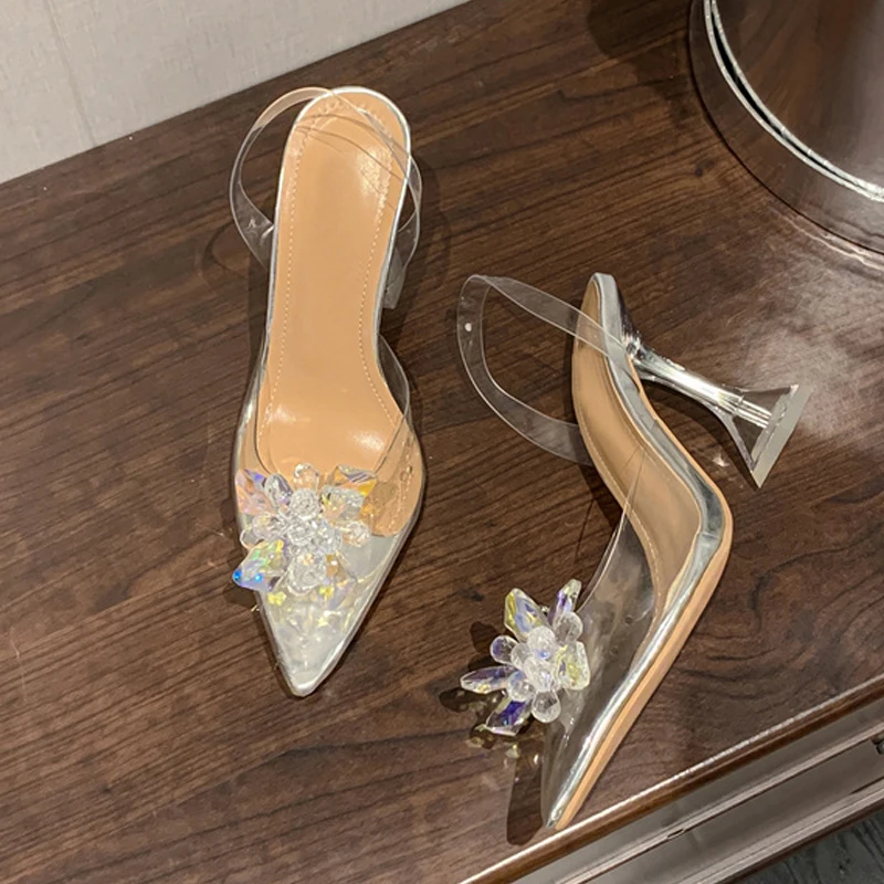 Liyke 2024 New Sexy Slingback Shoes Women Crystal Flower PVC Summer Strange Transparent High Heels Mules Sandals Female Pumps