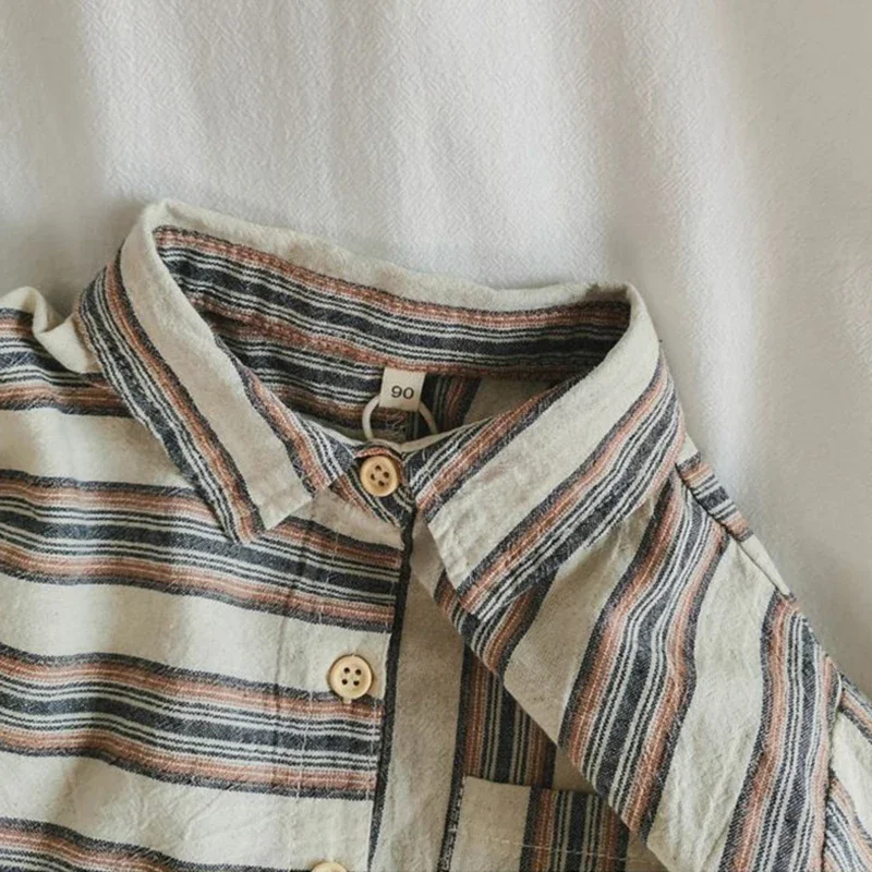 Children\'s Retro Striped Irregular Cotton Linen Shirt Autumn New Korean Literary Baby Boys Buttons Long-Sleeved Shirts WT055