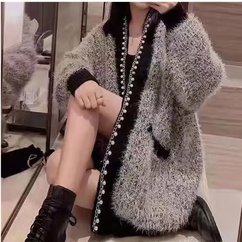 2024 Autumn and Winter New Net Red Small Xiangfeng Heavy Industry Nail Beads Bright Silk Fluffy Sweater Knitted Cardigan Coat