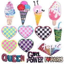 Sequined Ice Cream Heart Embroidery Patch Iron On Patches For Clothes Crown Sequins Embroidery Patches for Clothing Repair Patch