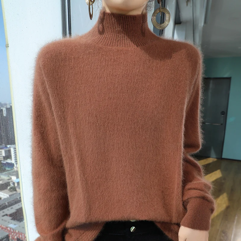 Women's Sweater Pullover High Neck Mink Cashmere Sweater Loose Warm Long Sleeved Knitted Base Sweater 024 Autumn Winter New Item