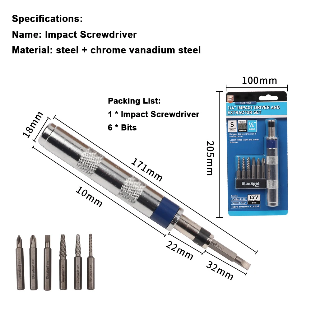 6in1 Screwdriver Set 1/4-inch Impact Drive Rusted Stuck Broken Fasteners Remover with Complete Specifications