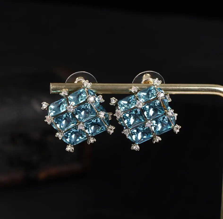 Square green rhinestone earrings translucent crystal retro court elegant women gift-box shape vintage stud earring