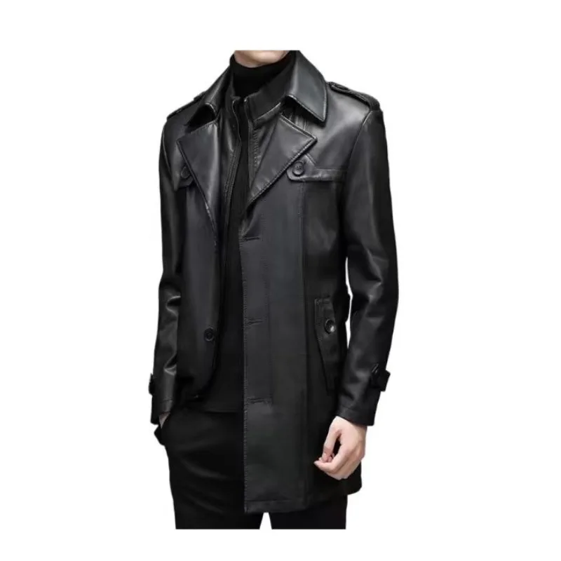 New High-end PU Leather Jacket Men' Medium and Long copy Calfskin Jacket Suit Fleece Thickened Handsome Trench Coat Faux Leather