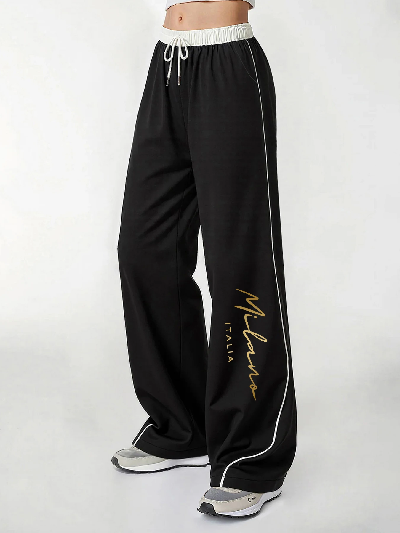 Women's Casual Pants, a Must-Have for Trendy Looks, Casual and Relaxed Style for Spring and Autumn. Milano Italia Printed Wide-Leg Pants with Elastic Drawstring Waist, Loose Fit, Comfortable and Breathable Women's Long Pants for Everyday Wear in Spring and Autumn, Women's Clothing