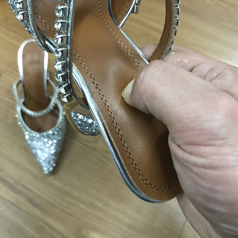 Plus rozmiar 35-43 letnie buty damskie wskazał cekiny luksusowe Rhinestone sandały damskie wysokie obcasy na imprezę satynowe kapcie muły