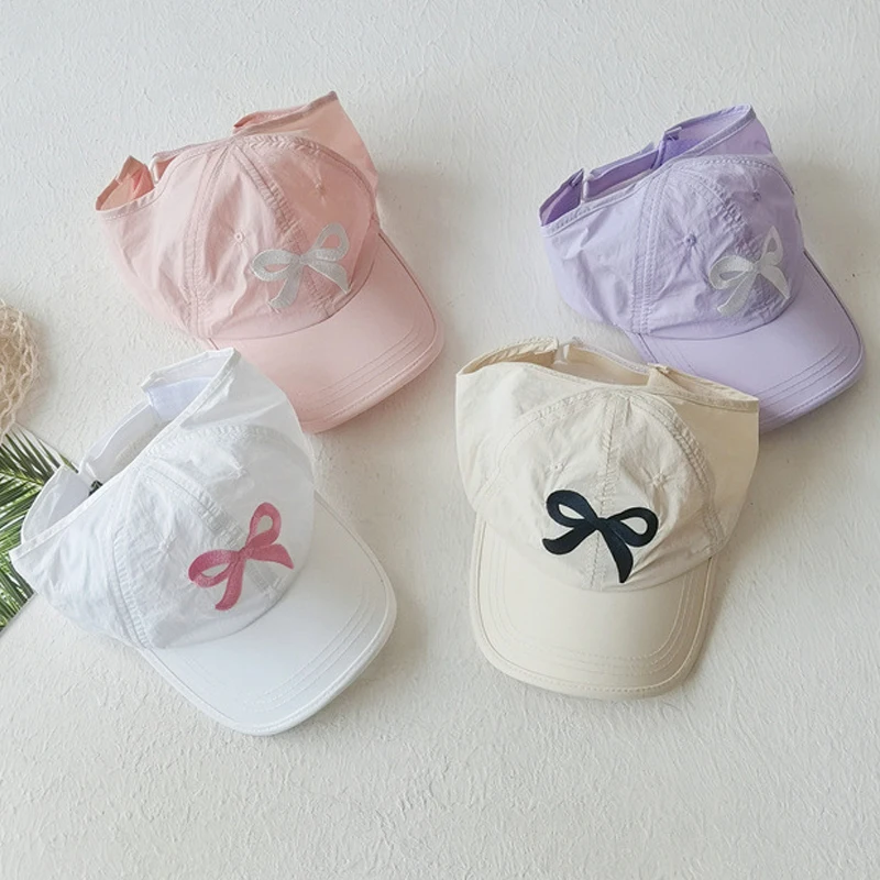 2024 NEW Girls Bow Embroidery Ponytail Baseball Cap Summer Sunscreen Caps Sweet Pink Sun Hat Children Sun Visor Hats Anti-UV Cap