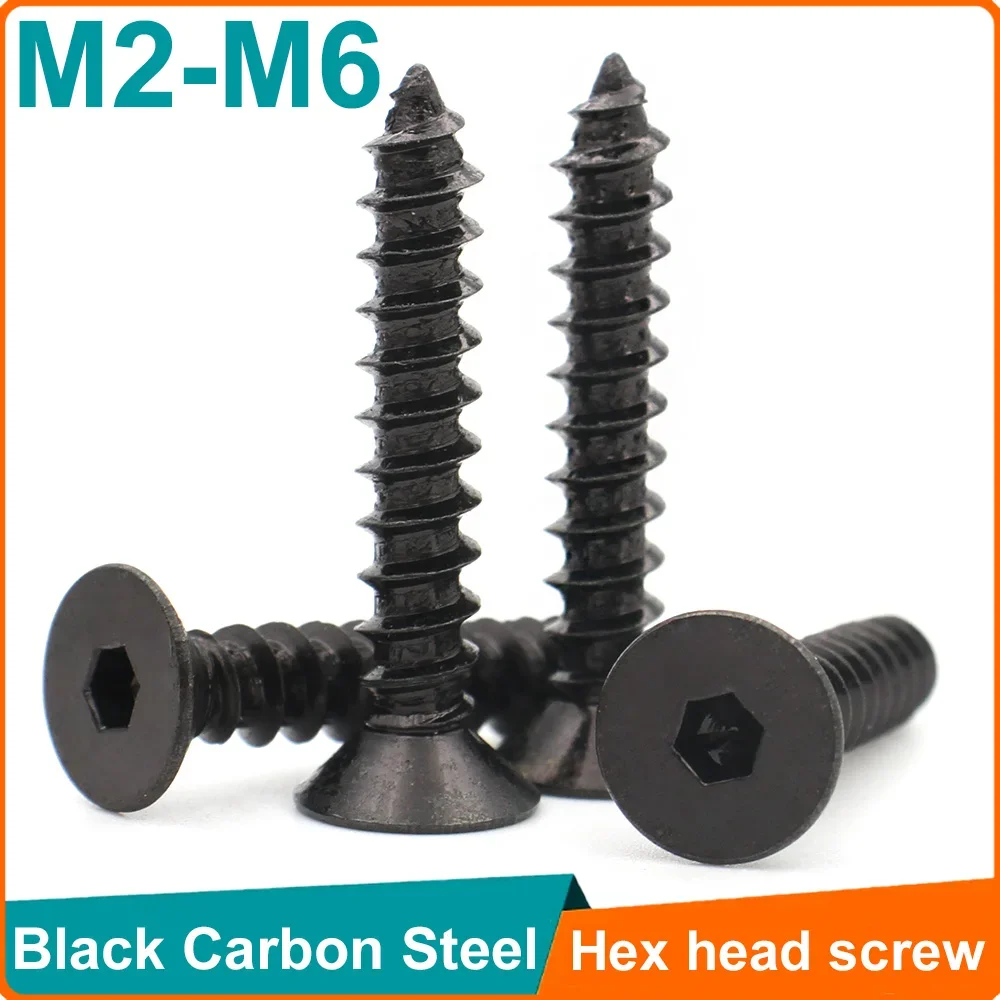 10-100pcs  Black Carbon Steel Hexagon Hex Socket Flat Countersunk Head Self Tapping Screw M2 M2.3 M2.6 M3 M4 M5 M6 Hex Screws