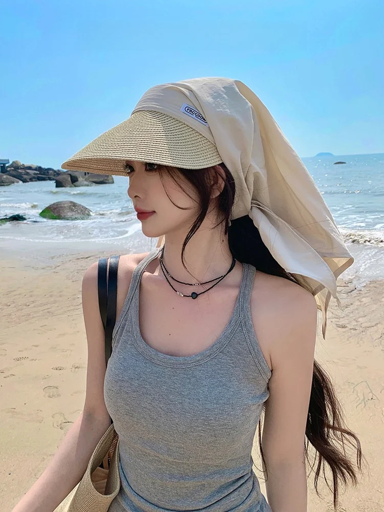 

Summer Yellow St Woven Ne Protector Headscarf Hat Women's New Sle Travel Sunade UV Protection Wide Brim Hat