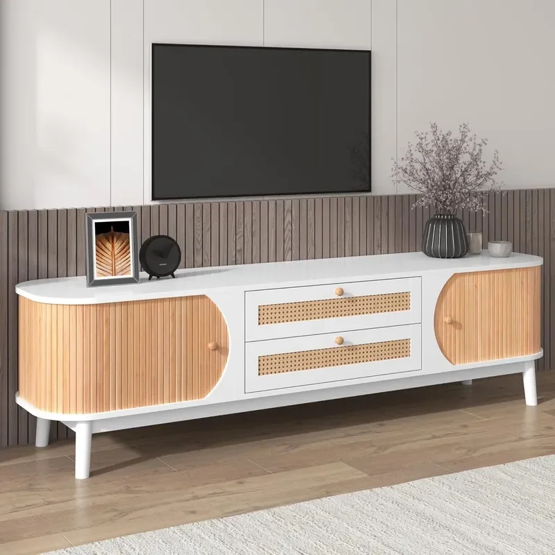 for New Custom Pastoral White Living Room Multi Function TV Cabinet with Primary Color Rolling Shutter Door and Rattan Drawer