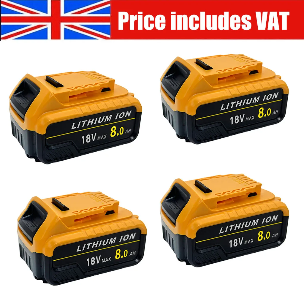 4pcs Battery Replace for Dewalt 18V XR 8.0Ah Li-ion DCB200 DCB184 DCB182 COMBI Slid Cordless Max