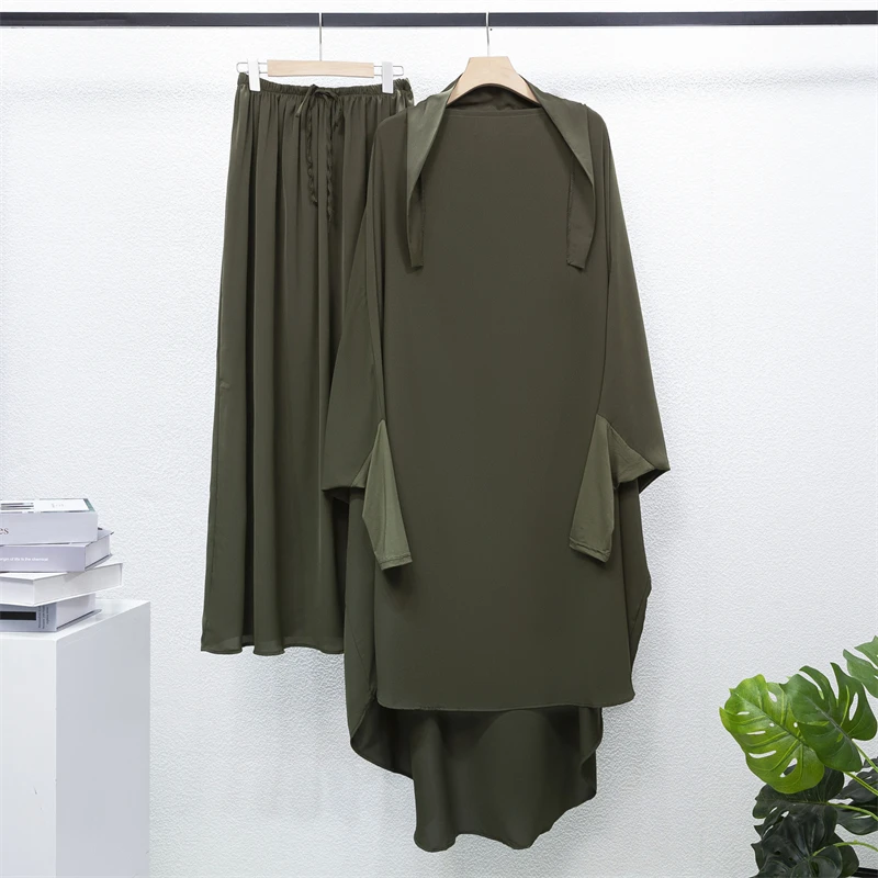 Muslim Sets Two Pieces Long Hooded Smocking Sleeve Shirts Loose Maxi Skirts Muslim Jilbab Hijab Women Abaya Sets Prayer Clothing