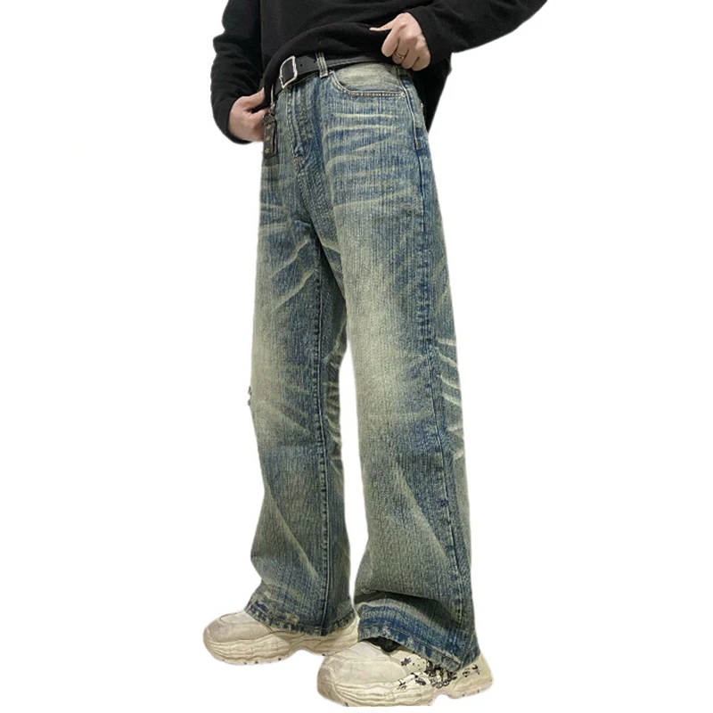 Vintage Blue Men's Washed Denim Long Pants American Style New Bamboo Textured Ripped Straight Versatile Loose Jeans 3N78