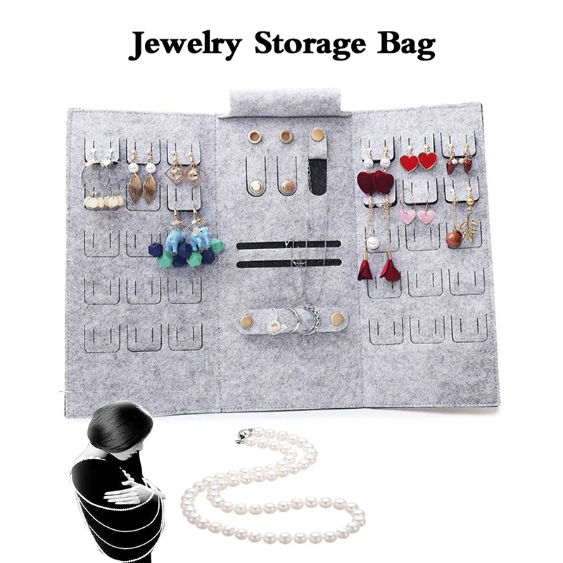 Portable Roll-up Felt Jewelry Roll Storage Bag Folding Travel Earrings Necklaces Bracelets Rings Container Storage