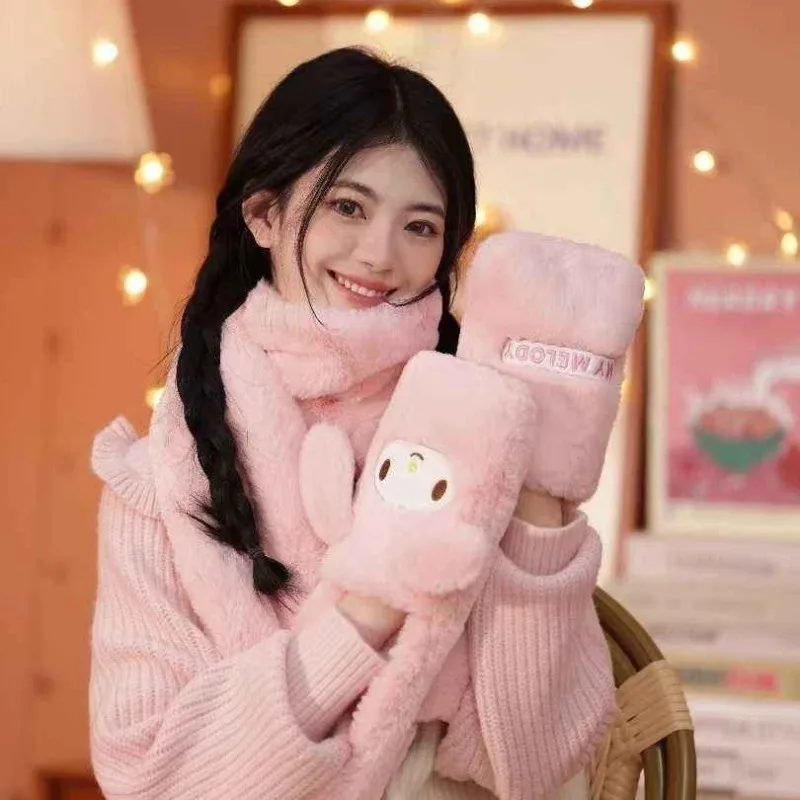 

Kawaii Kuromi My Melody Cinnamoroll Pochacco Hello Kitty Sanrio Student Cute Cartoon Comfortable Plush Scarf Glove Gift for Kids