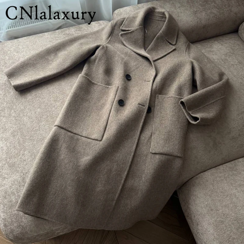 CNlalaxury Winter Women Drouble Breasted Wool Coat Loose Overcoat Clothes Long Ouertwear Tops New
