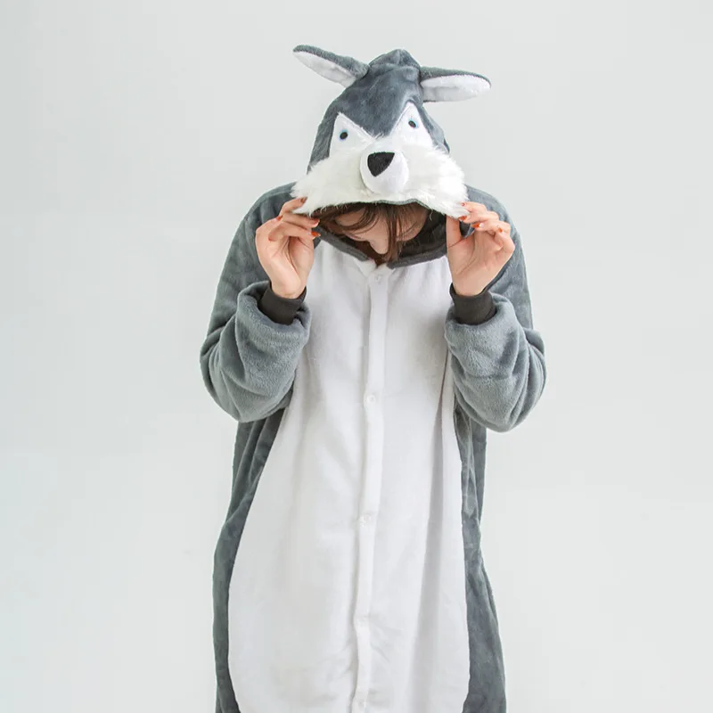 

Dark Gray Husky Hooded Flannel One-piece pajamas Cartoon Button Onesie Couple Sleepwear Leisure wear Women Men