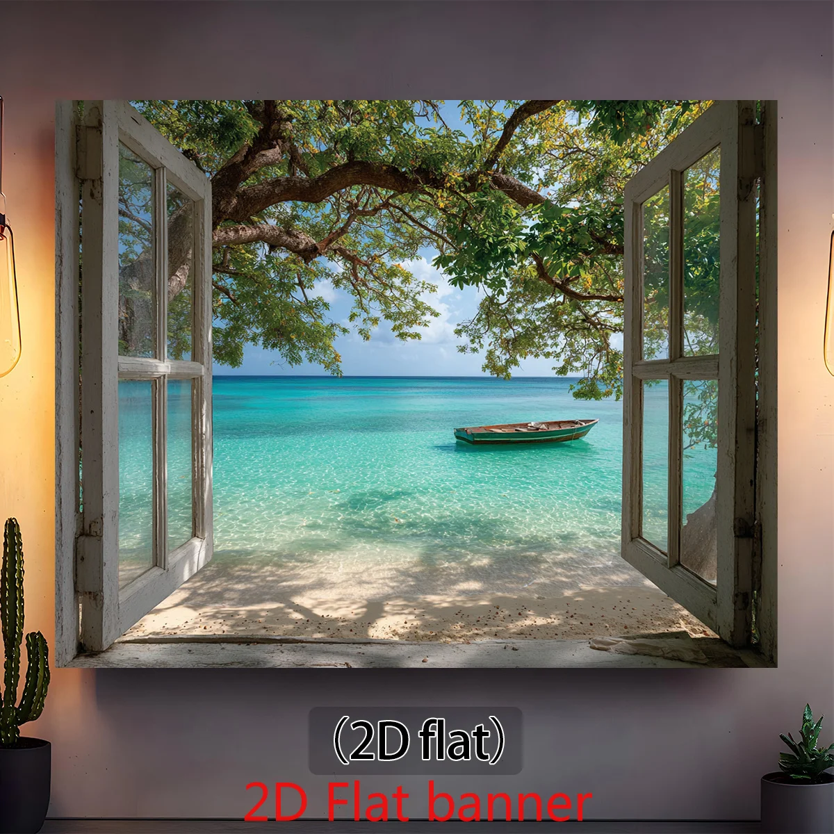 1 piece of 2D flat banner - Tropical beach window banner - Vintage style decoration featuring serene sea scenes