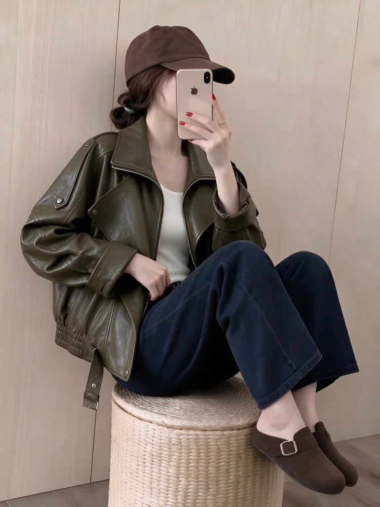Cool Short PU Leather Jacket Women's Zipper Motorcycle Clothes Street Style Warmth Straight Tube Type Long Sleeve Pure Color