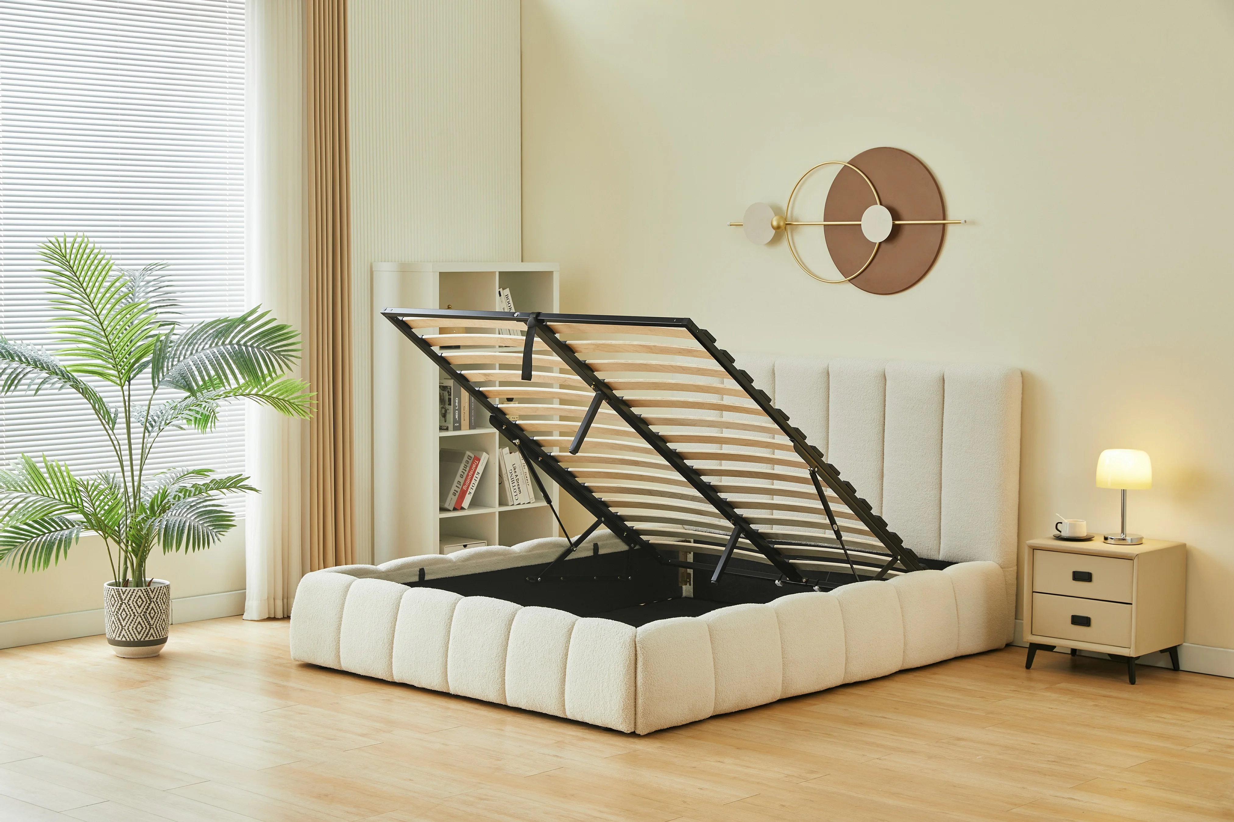Wholesale Minimalist Nordic Modern Upholstered Wooden Bedframe Teddy White King Size Gas Lift up Bed Frame With Storagepromote s