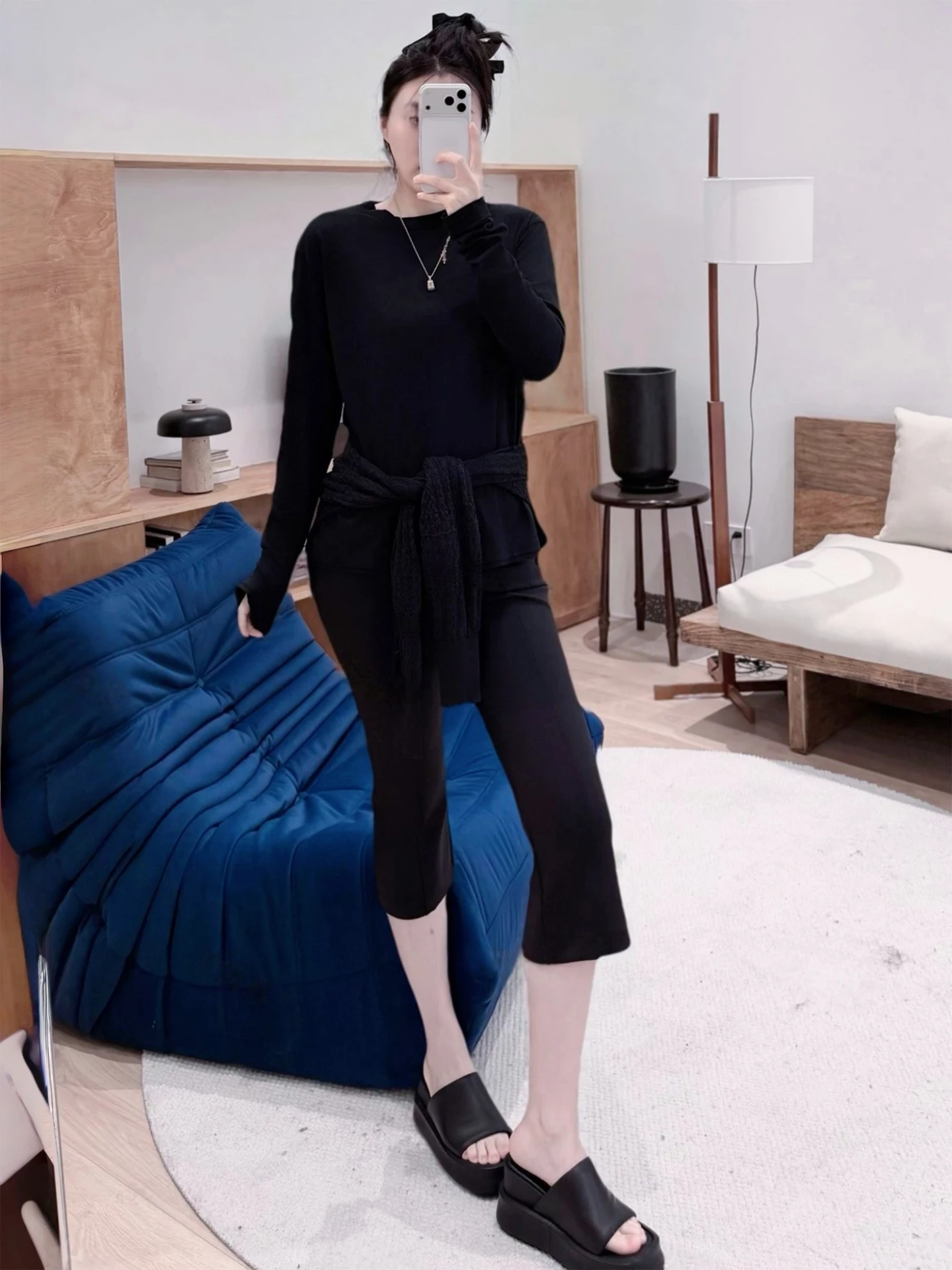 

Черные повседневные брюки с высокой талией и прямыми штанинами AW Wang Na Na S947, длиной до середины икры, с молнией сзади и разрезом, повседневные нейлоновые брюки с высокой талией