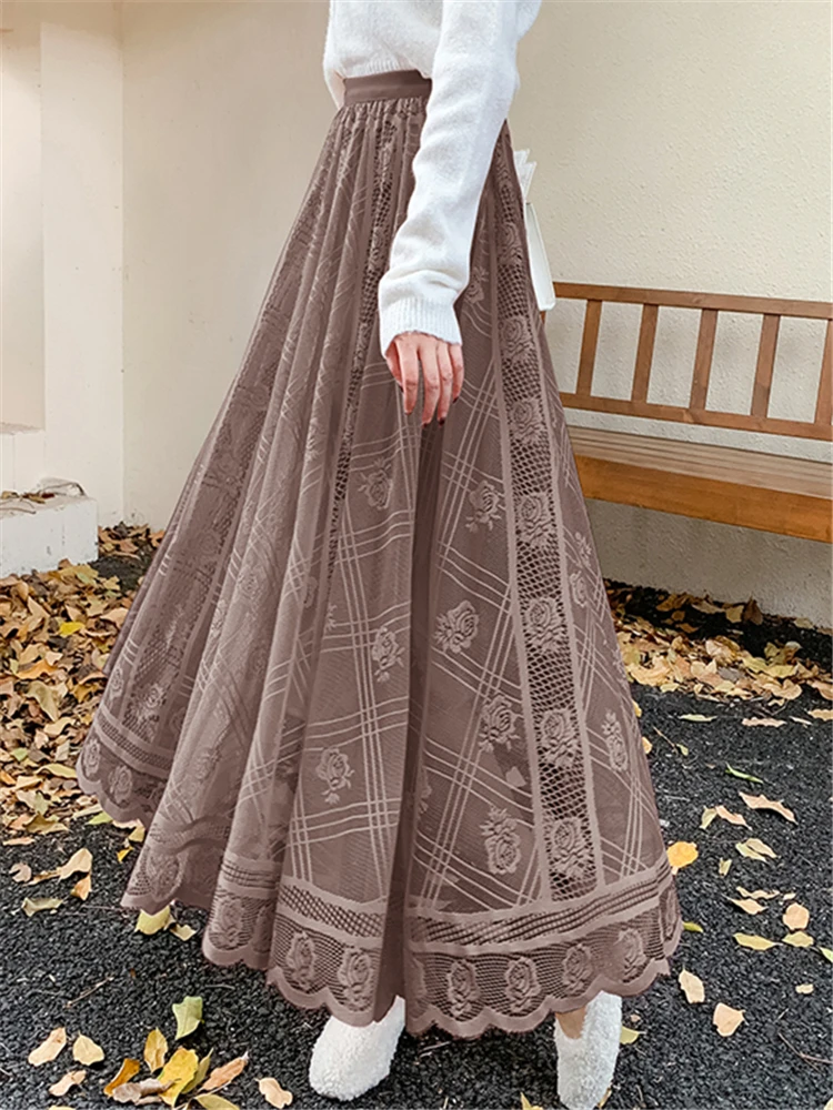 Seoulish กระโปรงถักโครเชต์ลูกไม้เอวสูงสำหรับผู้หญิงกระโปรงยาวทรงร่มสไตล์เกาหลีสำหรับใส่ในงานเลี้ยง2023ใหม่
