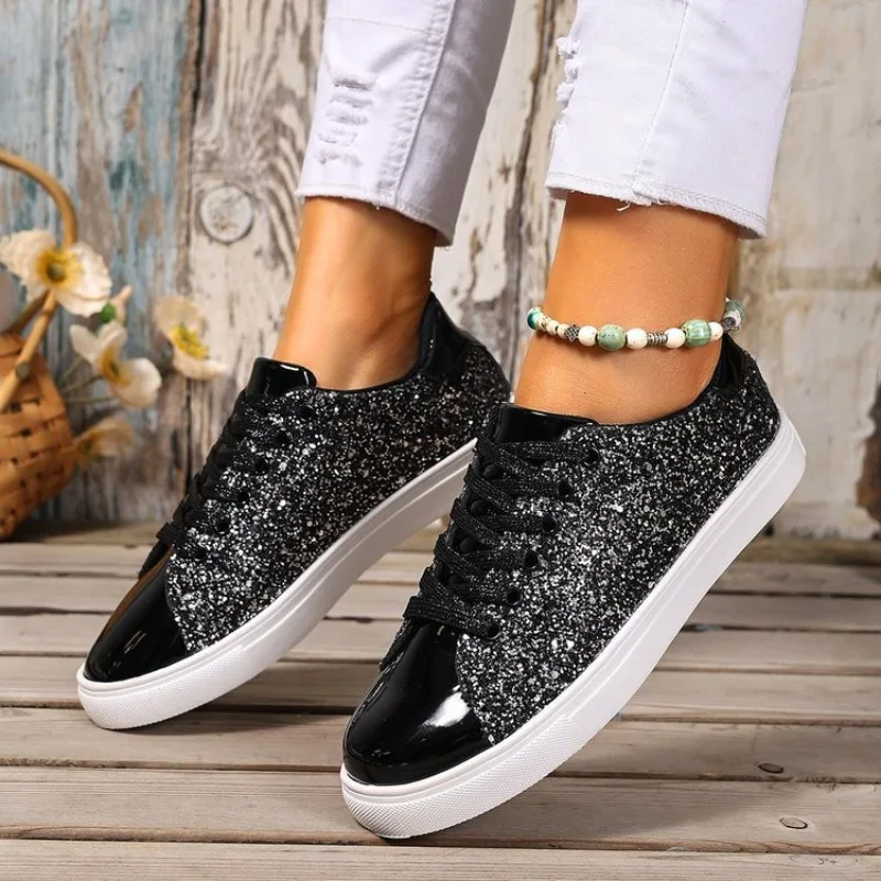 Women Sneakers Bling Golden Shoes Casual Female Breathable Sneakers Lace Up Outdoor Sport Women Vulcanize Shoes Zapatos De Mujer
