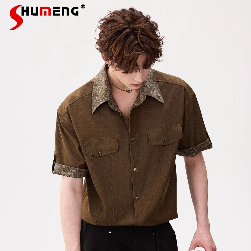 

Fashion 2026 Summer New Men's Single-breasted Multi-button Tops Short-sleeve Shirts Male Faux Two-piece Color Matching Shirts