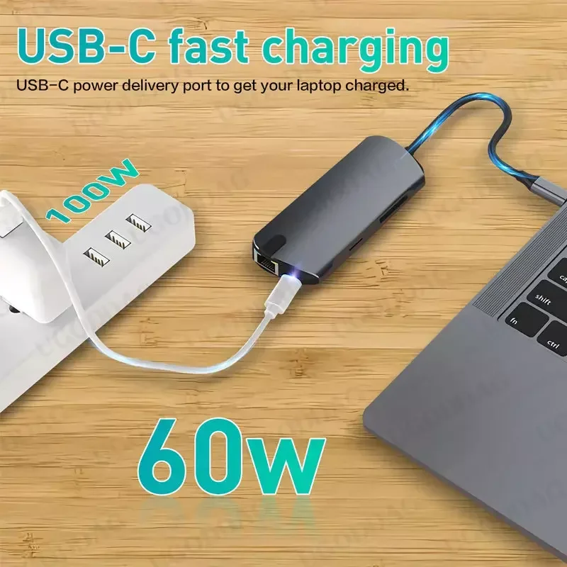 8 in 1 USB C Adapter Type C Gigabit RJ45 Ethernet 3 USB 3.0 4K HDMI-Compatibler 100W PD SD/TF Card Reader Docking Station