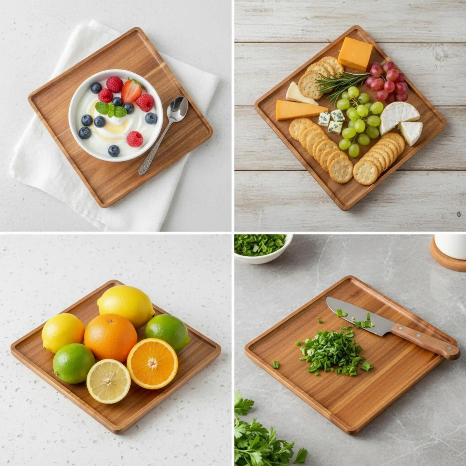 Kitchen Cutting Board Acacia Wood Serving Tray with Raised Edge for Bread Pastry